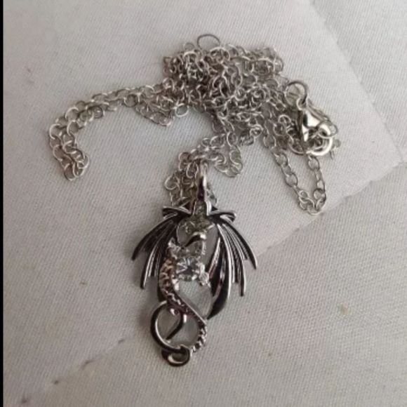 Silver titanium and simulated diamond dragon goth fantasy punk necklace new - Picture 2 of 7